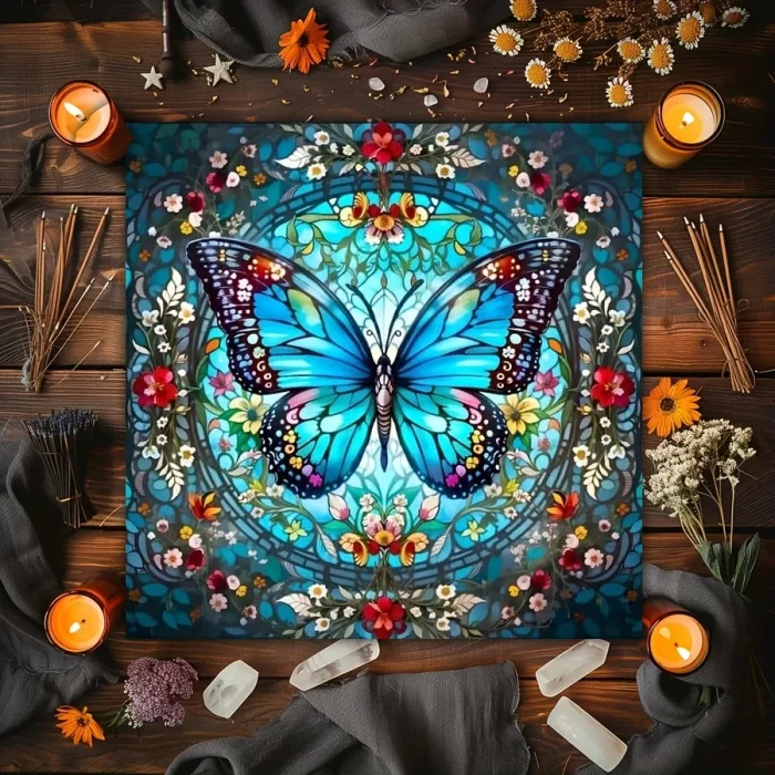 VIKAMA Dream Butterfly Tablecloth Color Glass Blue Butterfly Flowers Totem Waterproof Stain-Resistant Home Decoration - Image 2