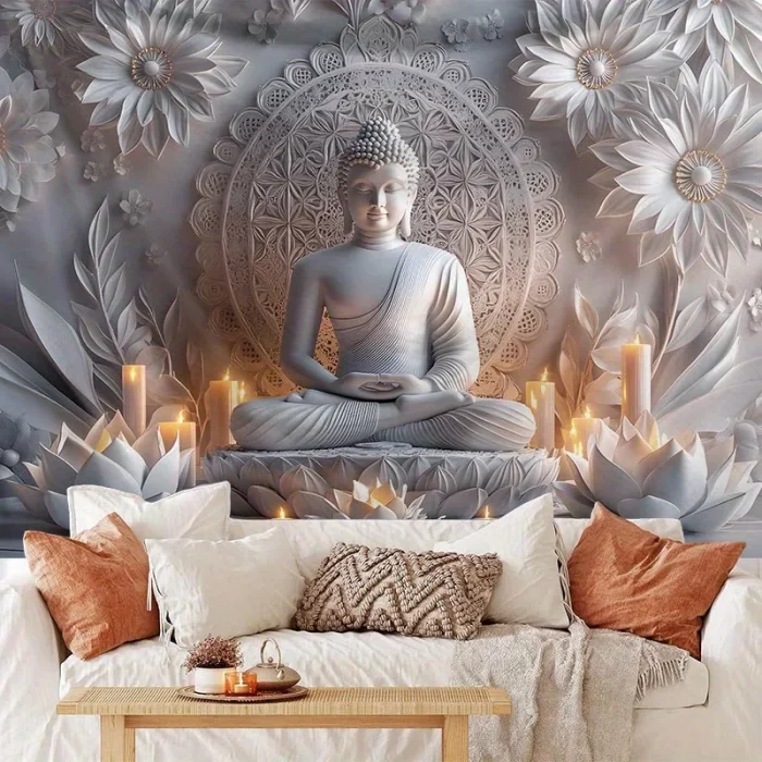 Buddha Prayer Tapestry Contemporary Golden Buddha and Lotus Mandala Serenity Meditation Theme Religious Theme Zen Home Deco - Image 6