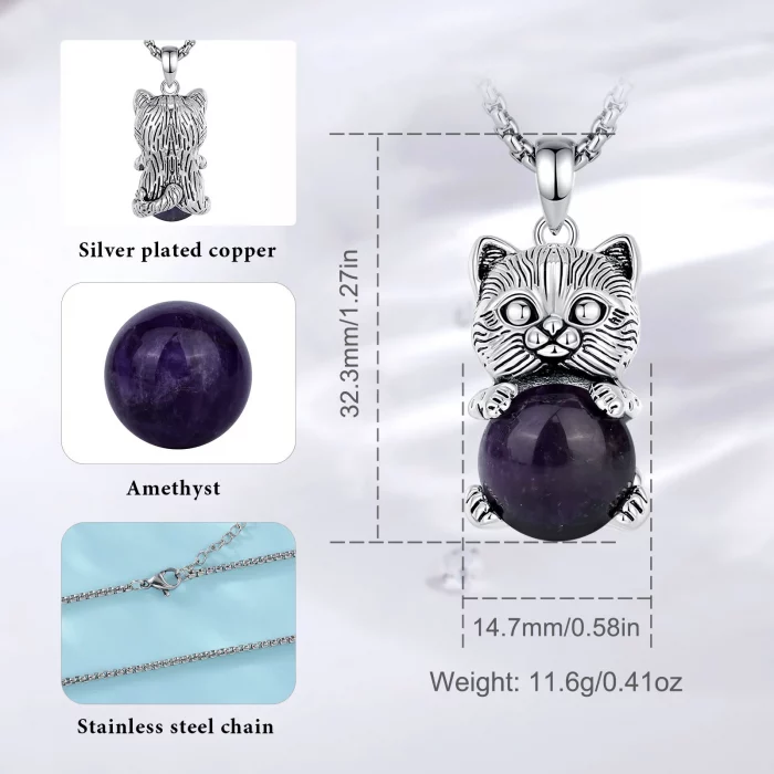 Eudora Cute Cat Amethyst Necklace Energy Natural Healing Stone Crystal Pendant Spiritual Jewelry Meditation Gift for Women Man - Image 3