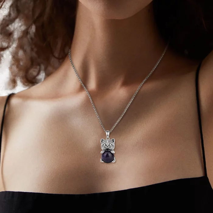 Eudora Cute Cat Amethyst Necklace Energy Natural Healing Stone Crystal Pendant Spiritual Jewelry Meditation Gift for Women Man - Image 6