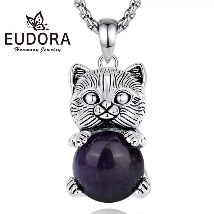Eudora Cute Cat Amethyst Necklace Energy Natural Healing Stone Crystal Pendant Spiritual Jewelry Meditation Gift for Women Man - Image 2