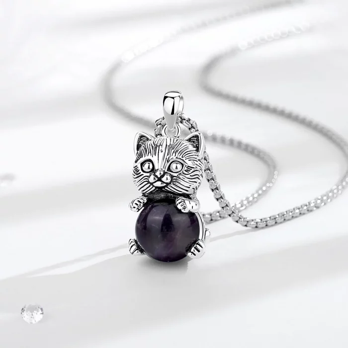 Eudora Cute Cat Amethyst Necklace Energy Natural Healing Stone Crystal Pendant Spiritual Jewelry Meditation Gift for Women Man - Image 4