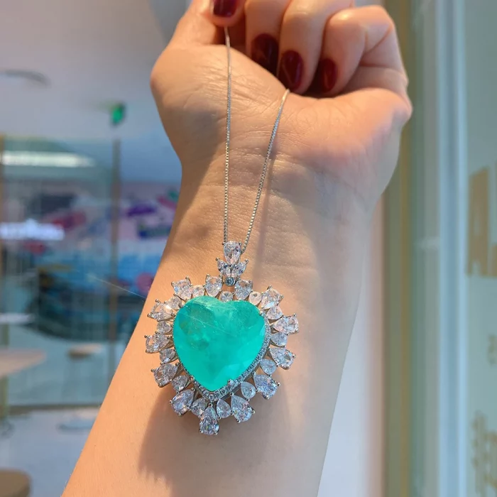 Charms 20*20mm Hear-Shaped Paraiba Tourmaline Emerald Lab Diamond Gemstone Pendant Necklace for Women Wedding Party Fine Jewelry - Image 4