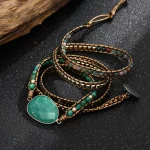 Genuine Leather Natural Stone Gemstone Crystal Bead Bracelet Vinage Style Green Stone Handwoven 5 Wrap Bracelet Jewelry - Image 6