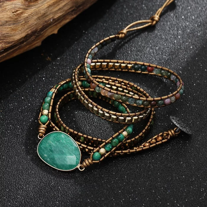 Genuine Leather Natural Stone Gemstone Crystal Bead Bracelet Vinage Style Green Stone Handwoven 5 Wrap Bracelet Jewelry - Image 6