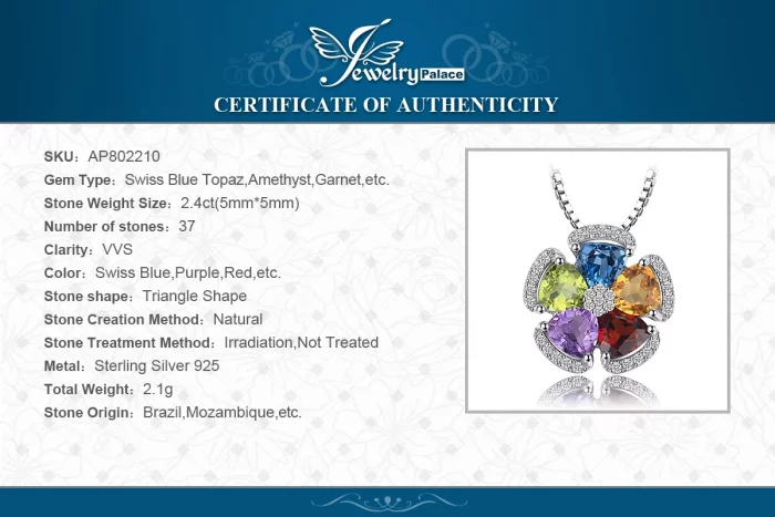 JewelryPalace 2.6ct Genuine Blue Topaz Amethyst Citrine Garnet Peridot 925 Sterling Silver Pendant Necklace for Woman No Chain - Image 7