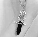 Triple Goddess Crystal Point Pentacle Moon Necklace, Moonstone Pendant Wiccan Witchcraft Collar Jewelry Women Creative Gift - Image 6