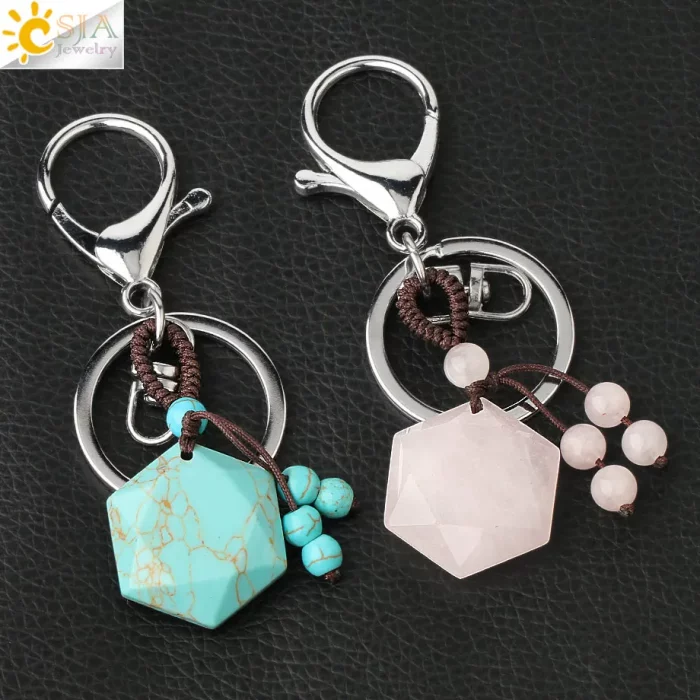 CSJA Hexagram Natural Stone Keychains Reiki Quartz Crystal Key Chain Handbag Decor Motorcycle Keyring for Women Men Jewelry G532 - Image 5