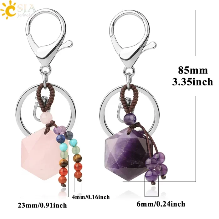 CSJA Hexagram Natural Stone Keychains Reiki Quartz Crystal Key Chain Handbag Decor Motorcycle Keyring for Women Men Jewelry G532 - Image 7