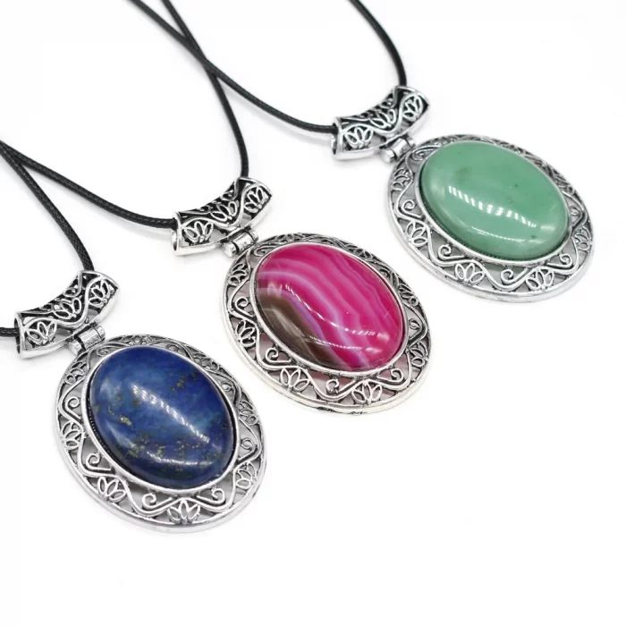 Natural Stone Pendant Oval Shape Lapis lazuli Crystal Ladies Fashion Pendants Necklace Leather Rope Chain Jewelry Making - Image 2