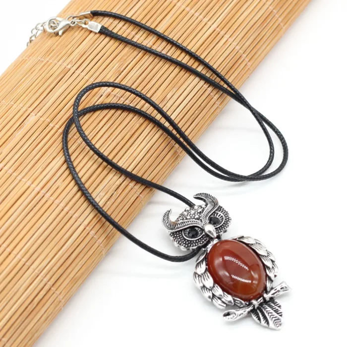 Cute Natural Stone Owl Shaped Pendant Necklace Crystal Rose Quartz Amethyst Turquoise Lapis Lazuli Neck Chain for Women Jewelry - Image 5