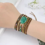 Genuine Leather Natural Stone Gemstone Crystal Bead Bracelet Vinage Style Green Stone Handwoven 5 Wrap Bracelet Jewelry - Image 3