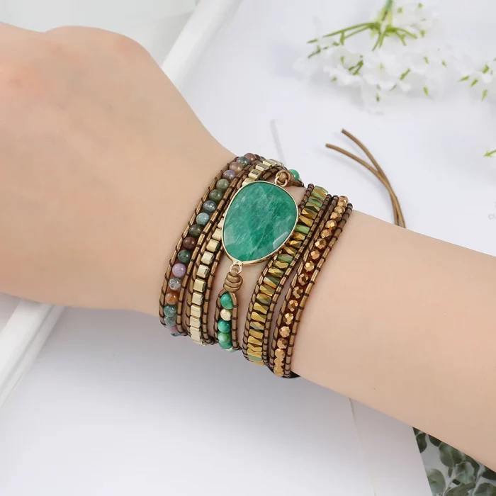 Genuine Leather Natural Stone Gemstone Crystal Bead Bracelet Vinage Style Green Stone Handwoven 5 Wrap Bracelet Jewelry - Image 3