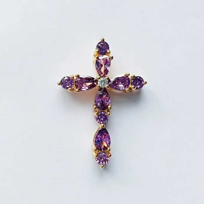 Purple Crystal Amethyst Gemstones Cross Pendant Necklaces for Women 18k Gold Filled Fine Jewelry Choker Gifts Trendy Accessory - Image 4