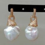YYGEM Natural Nucleated Flameball Baroque Pearl Gold color Plated Cubic Zirconia Pave Stud Earrings classic wedding for women - Image 6
