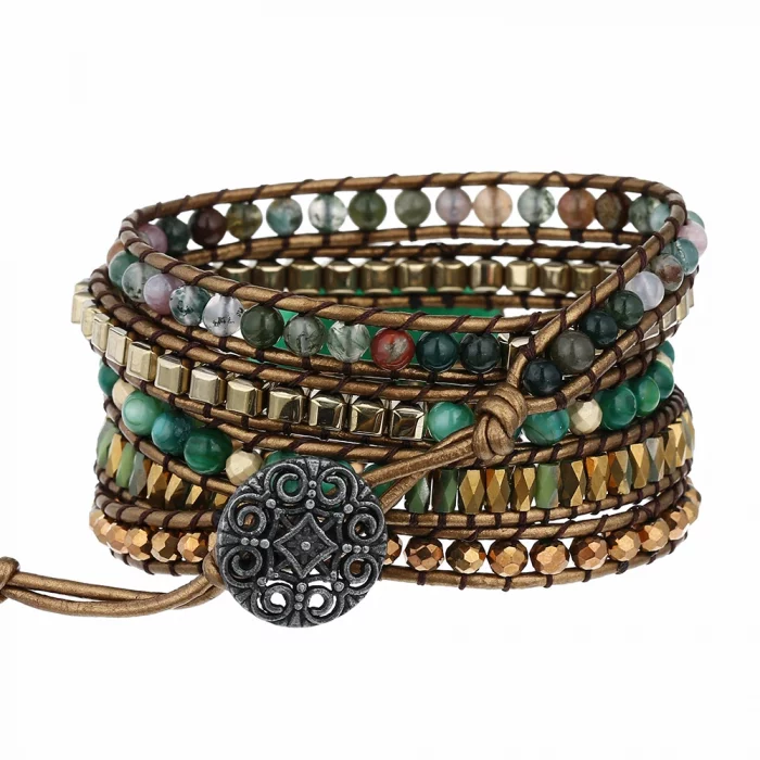 Genuine Leather Natural Stone Gemstone Crystal Bead Bracelet Vinage Style Green Stone Handwoven 5 Wrap Bracelet Jewelry - Image 5