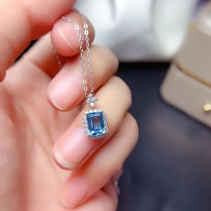 Little Chic Sea Blue Crystal Topaz Aquamarine Gemstones Diamonds Pendant Necklaces for Women White Gold Filled Choker Jewellery - Image 3