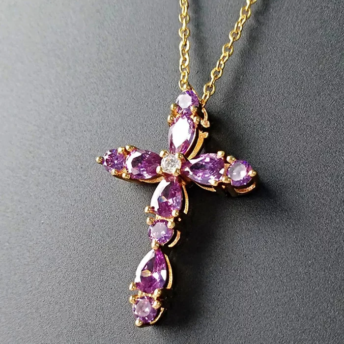 Purple Crystal Amethyst Gemstones Cross Pendant Necklaces for Women 18k Gold Filled Fine Jewelry Choker Gifts Trendy Accessory - Image 2