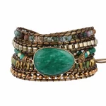 Genuine Leather Natural Stone Gemstone Crystal Bead Bracelet Vinage Style Green Stone Handwoven 5 Wrap Bracelet Jewelry - Image 4