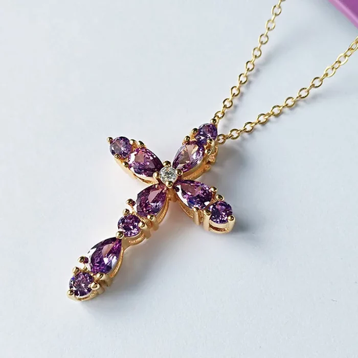 Purple Crystal Amethyst Gemstones Cross Pendant Necklaces for Women 18k Gold Filled Fine Jewelry Choker Gifts Trendy Accessory - Image 3