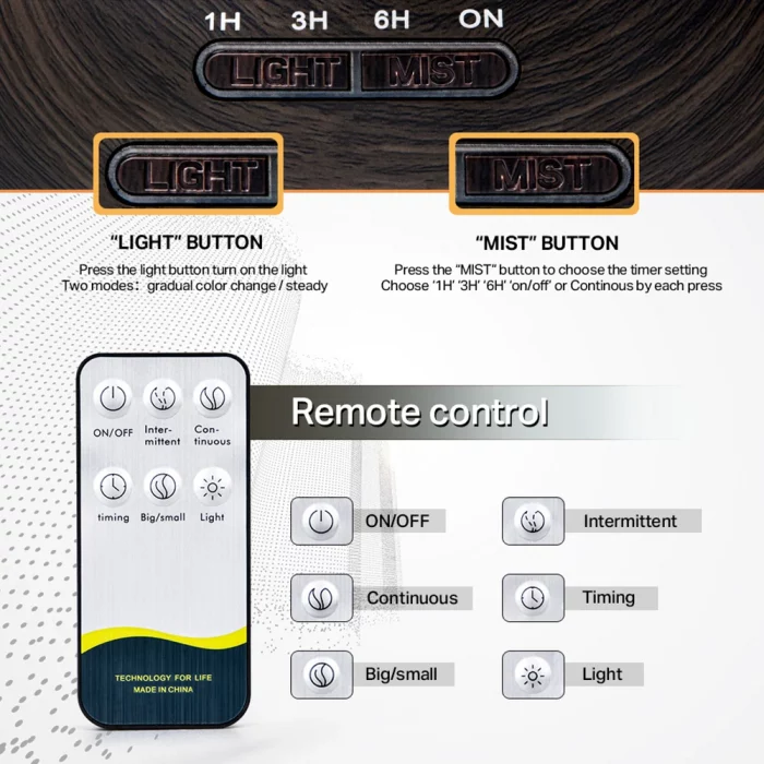 Aromatherapy Essential Oil Diffuser Wood Grain Remote Control Ultrasonic Air Humidifier Cool with 7 Color LED Light - Image 6