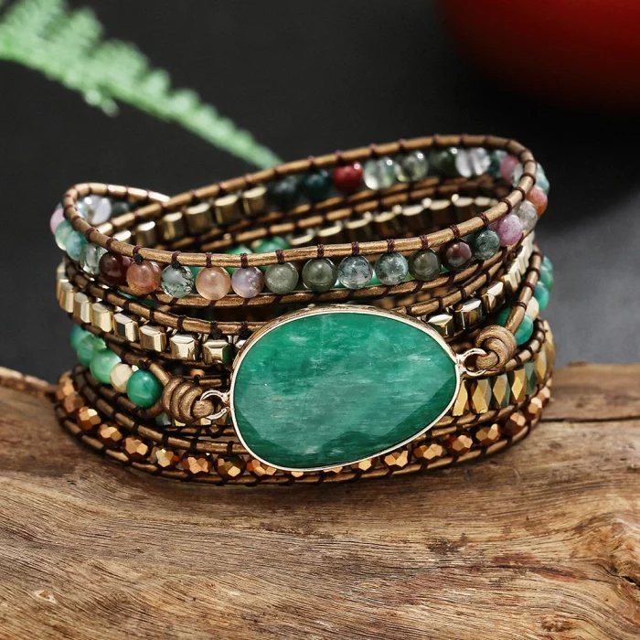 Genuine Leather Natural Stone Gemstone Crystal Bead Bracelet Vinage Style Green Stone Handwoven 5 Wrap Bracelet Jewelry - Image 1