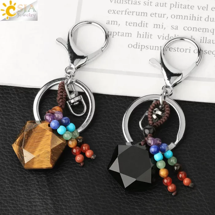 CSJA Hexagram Natural Stone Keychains Reiki Quartz Crystal Key Chain Handbag Decor Motorcycle Keyring for Women Men Jewelry G532 - Image 6