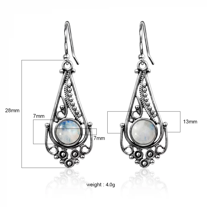 New Natural Moonstone Earrings for Women Vintage Bohemian Style 7MM Round Silver Drop Earring Fashion Elegant Wedding Jewelry - Image 3