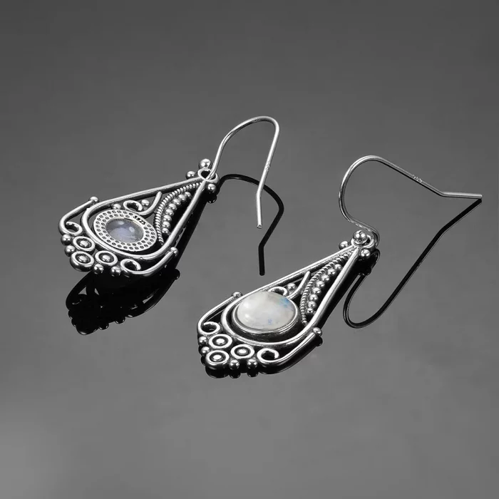 New Natural Moonstone Earrings for Women Vintage Bohemian Style 7MM Round Silver Drop Earring Fashion Elegant Wedding Jewelry - Image 5