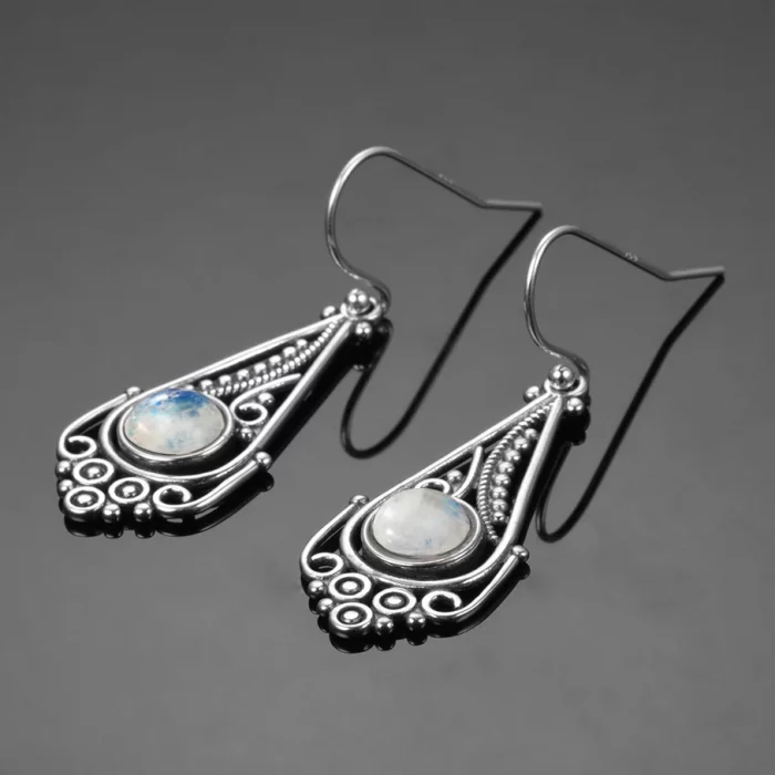 New Natural Moonstone Earrings for Women Vintage Bohemian Style 7MM Round Silver Drop Earring Fashion Elegant Wedding Jewelry - Image 6