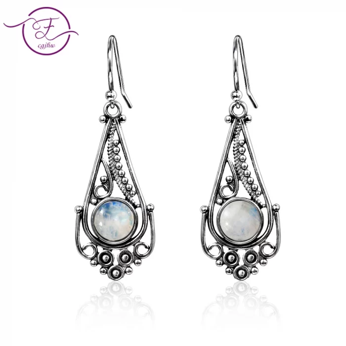 New Natural Moonstone Earrings for Women Vintage Bohemian Style 7MM Round Silver Drop Earring Fashion Elegant Wedding Jewelry - Image 2