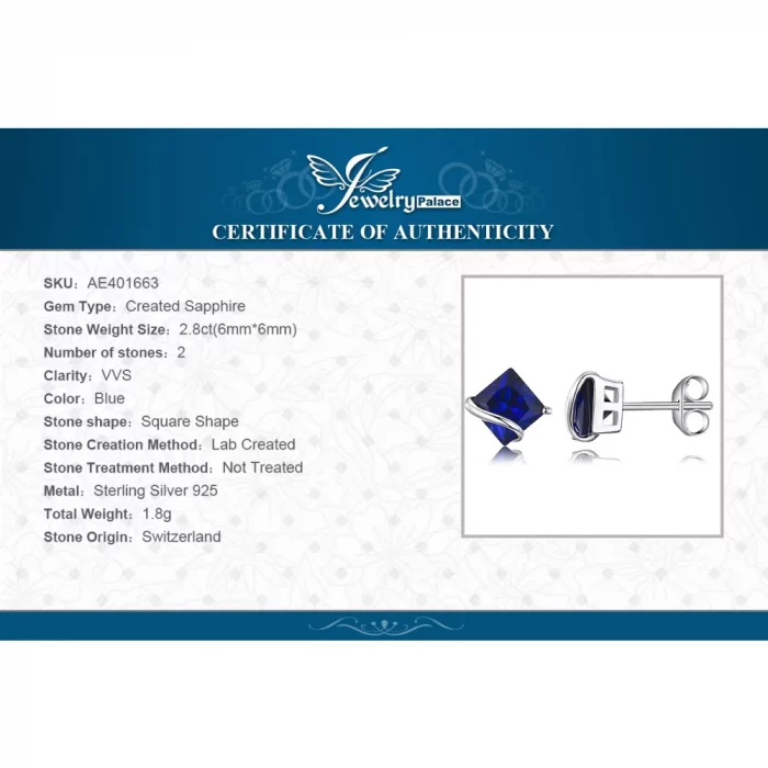 JewelryPalace Square 2.8ct Created Blue Sapphire 925 Sterling Silver Stud Earrings for Women Gemstone Fine Jewelry Birthday Gift - Image 7