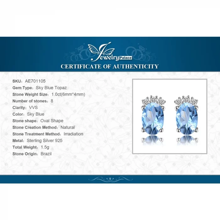 JewelryPalace Crown 1ct Oval Natural Sky Blue Topaz 925 Sterling Silver Stud Earrings for Woman Gemstone Jewelry Birthday Gift - Image 7