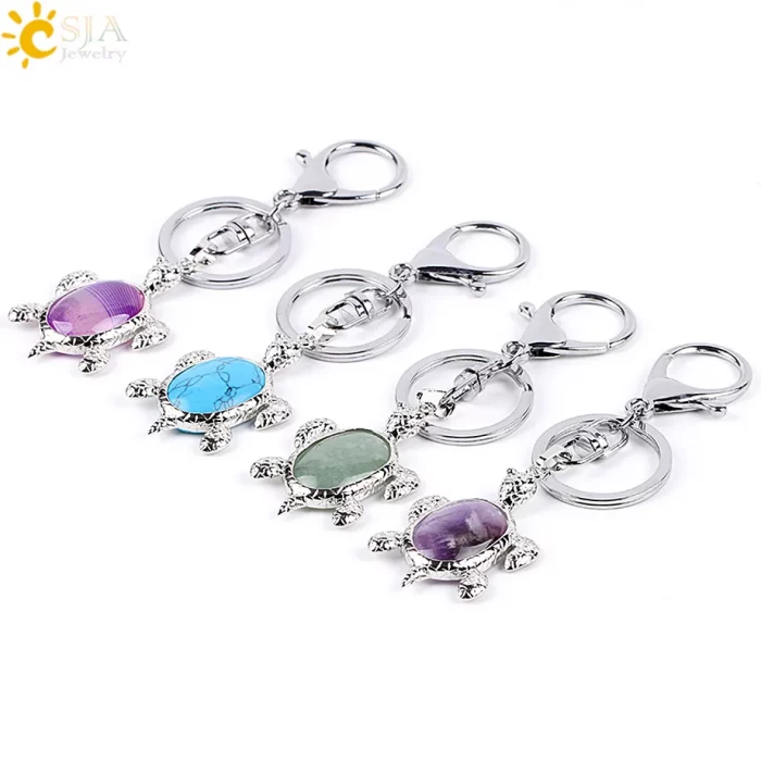 CSJA Natural Crystal Stone Turtle Pendant Car Keychains for Ladies Men Bag Decoration Keyrings Buckle Holder Christmas E814 - Image 4