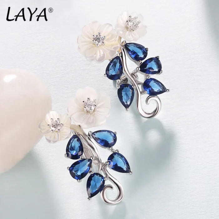 Laya Earrings For Women High Quality Blue Zircon Natural Shell Flower 925 Sterling Silver Clip Earrings Trendy Jewelry - Image 5