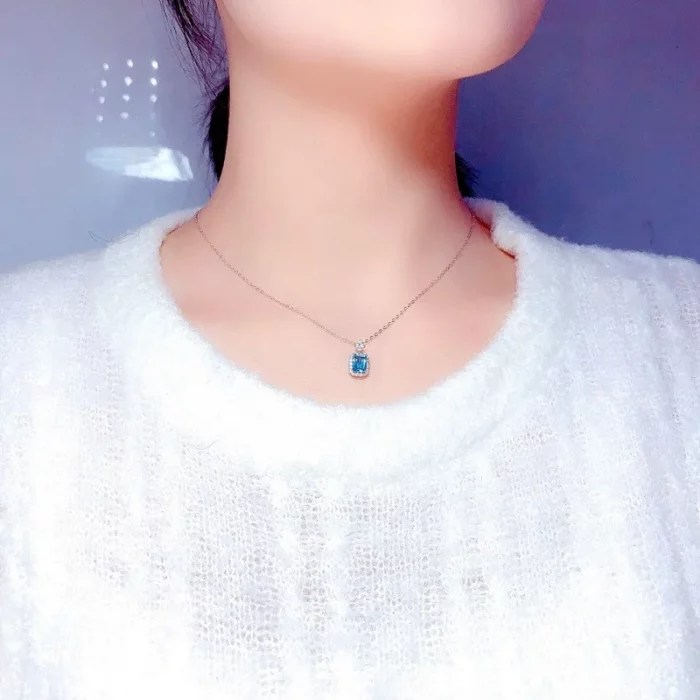 Little Chic Sea Blue Crystal Topaz Aquamarine Gemstones Diamonds Pendant Necklaces for Women White Gold Filled Choker Jewellery - Image 5