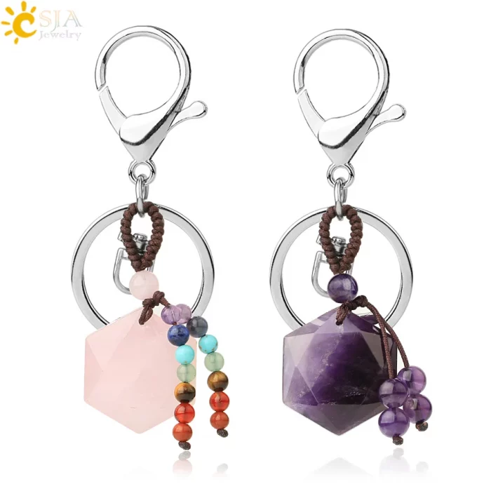 CSJA Hexagram Natural Stone Keychains Reiki Quartz Crystal Key Chain Handbag Decor Motorcycle Keyring for Women Men Jewelry G532 - Image 2