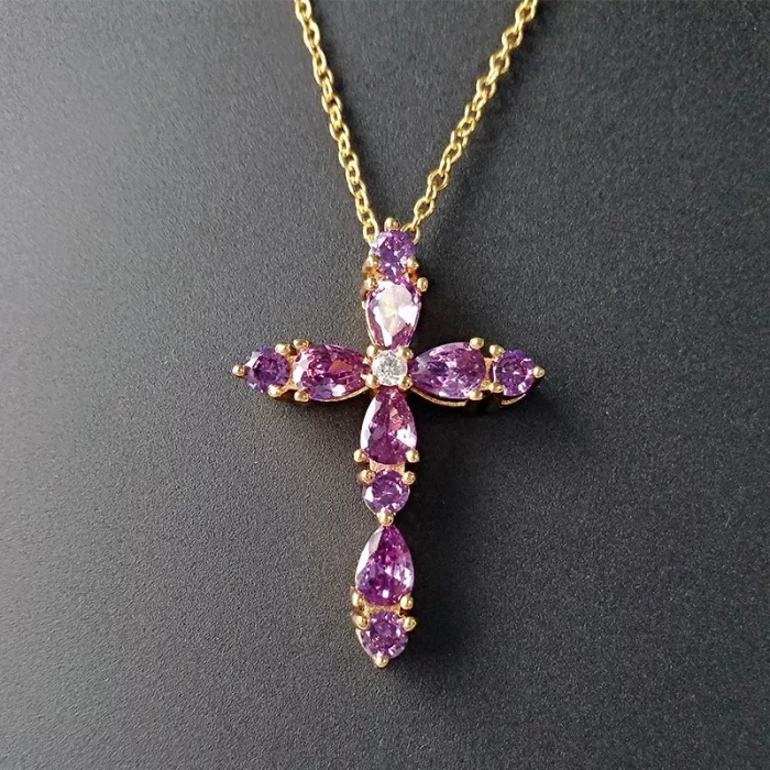 Purple Crystal Amethyst Gemstones Cross Pendant Necklaces for Women 18k Gold Filled Fine Jewelry Choker Gifts Trendy Accessory - Image 5
