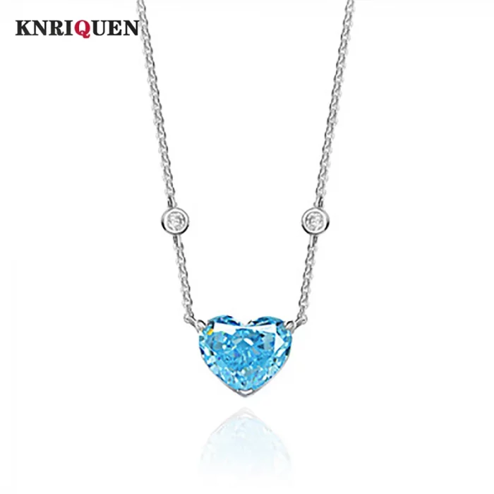 100% 925 Real Silver 10*12mm Heart-Shaped Aquamarine High Carbon Diamond Pendant Necklace for Women Wedding Party Fine Jewelry - Image 2