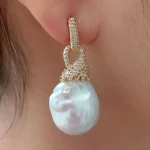 YYGEM Natural Nucleated Flameball Baroque Pearl Gold color Plated Cubic Zirconia Pave Stud Earrings classic wedding for women