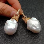 YYGEM Natural Nucleated Flameball Baroque Pearl Gold color Plated Cubic Zirconia Pave Stud Earrings classic wedding for women - Image 2