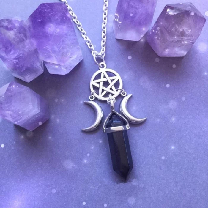 Triple Goddess Crystal Point Pentacle Moon Necklace, Moonstone Pendant Wiccan Witchcraft Collar Jewelry Women Creative Gift - Image 2