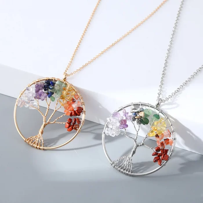 Tree of Life Natural Gravel Stone Pendant Necklace Healing Chakra Fortune Crystal Natural Stone Clavicle Chain Neck Jewelry - Image 5