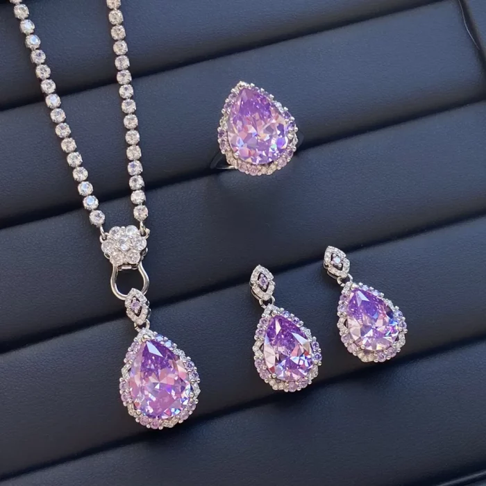 Brilliant Cutting Purple Amethyst Gemstones Diamonds Water Drop Pendant Necklace Woman Evening Party Fine Jewelry Sets Gifts - Image 3