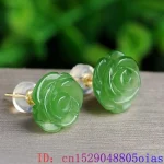 Natural Real Green Jade Rose Earrings 925 Sterling Silver Ear Studs Vintage Gemstone Jewelry TalismansEnergy Amulet Luxury Gift