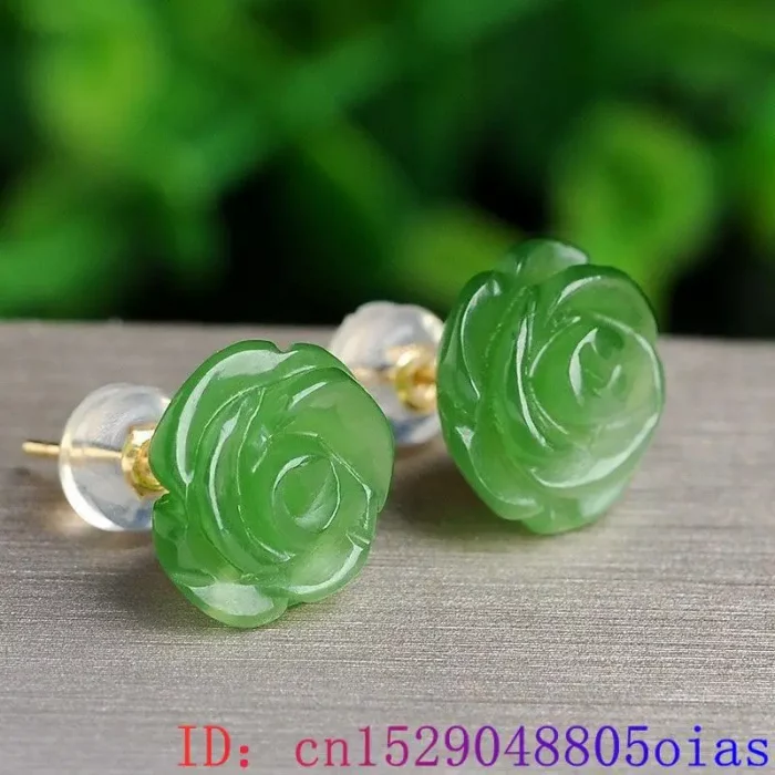 Natural Real Green Jade Rose Earrings 925 Sterling Silver Ear Studs Vintage Gemstone Jewelry TalismansEnergy Amulet Luxury Gift - Image 1