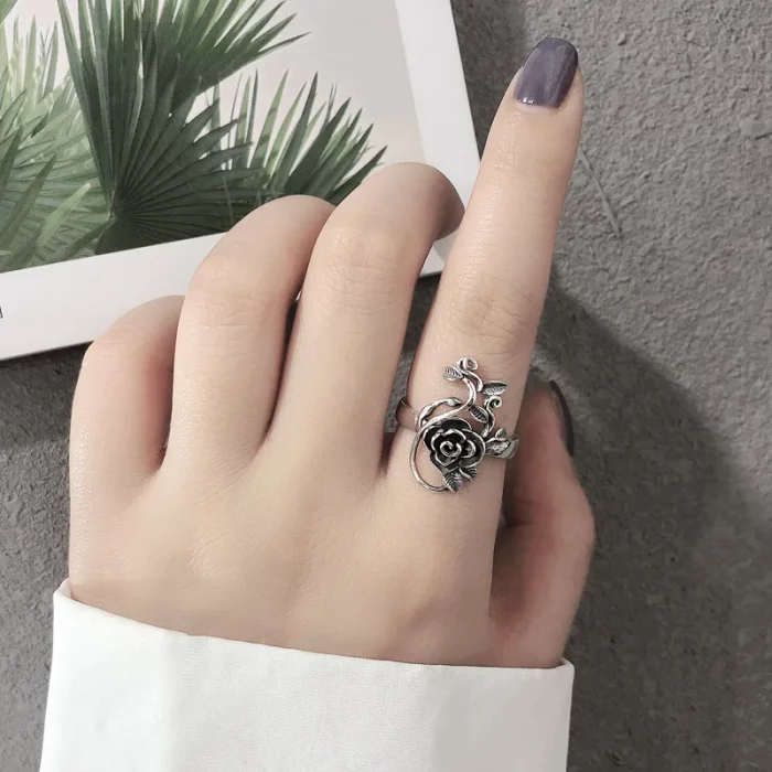 Buyee 925 Sterling Silver Female Big Ring Elegant Rose Flower Open Ring Finger for Women Fashion Ethnic Jewelry Circle Gift - Image 6