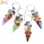 CSJA Meditation 7 Chakra Crystal Keychain Natural Stone Cone Pendant Stainless Steel Ring Holder Card Accessories Jewelry H342