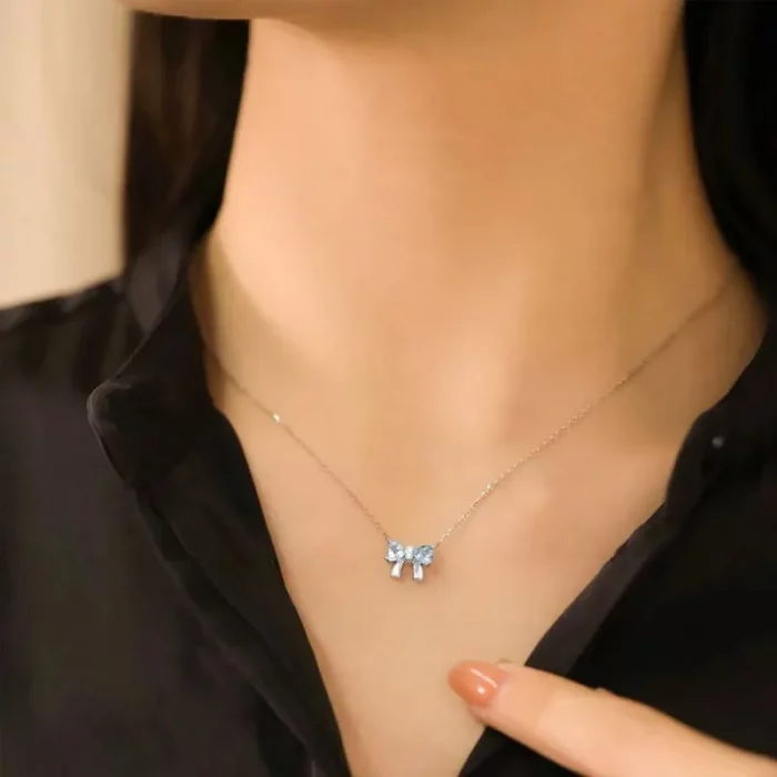 925 Sterling Silver Set Natural Aquamarine Bowknot Pendant Chain Necklaces Blue Stone Jewelry Girlfriend Birthday Gifts Bijoux - Image 2