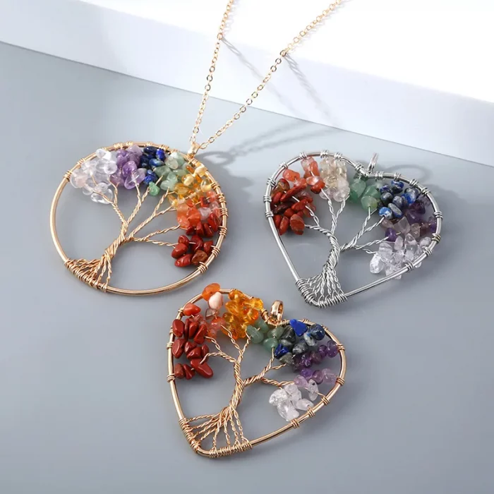 Tree of Life Natural Gravel Stone Pendant Necklace Healing Chakra Fortune Crystal Natural Stone Clavicle Chain Neck Jewelry - Image 3